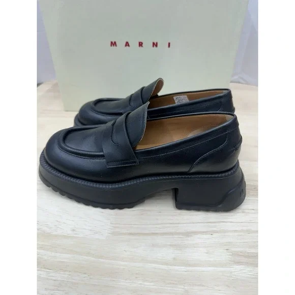 MARNI Women's 38 Oversized Moccasin Shoes Black Leather Platform Loafers - NEW - Picture 3 of 8